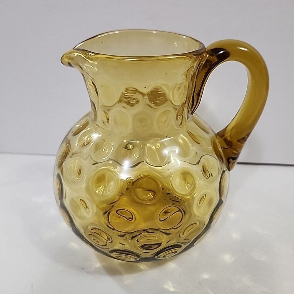 Vintage Small Amber Pressed Glass Thumb Print Water Pitcher